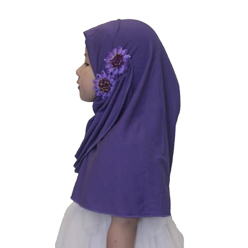Soft Instant Hijab for Kids Girls Muslim Headscarf Islamic Scarf Shawl Wrap with Flowers - color: Purple-2 Flowers