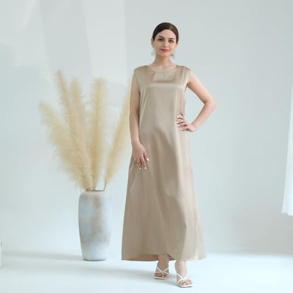 SYANKANGXIAO Ramadan Afrian Inner Under Dress for Women Dubai Abaya Turkey Muslim Sleeveless Long Slip Dress - color: Khaki, size: Small