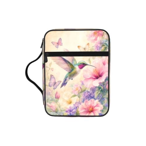 Hummingbird and Flower Bible Cover Case with Handle and Zippered Pocket - color: Hummingbird and Flower