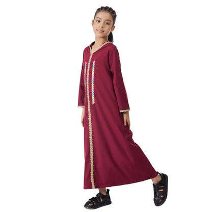 Kids Girls Abaya Muslim Long Sleeve Hooded Lace Embroidered Prayer Dress Arabic Kaftan Dubai Islamic Dresses - color: Wine Red Hoodies, size: 10-11 Years