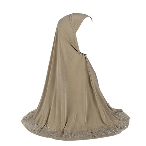 ZGMYC Women Shiny Rhinestones Muslim Hijab Elegant Long Turban Cap Head Wrap Scarf - color: Khaki(golden Beads & Rhinestones)