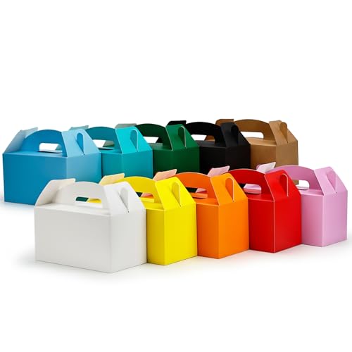 Papertide 10 Assorted Colors Gable Box with Handles, 30 Pack 9.45×5×5 inch Sturdy Colorful Cardstock treat Boxes for Christmas Birthday Party Favors, Premium Presentation Boxes with Lids - color: Mix