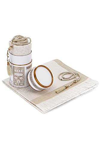 ihvan online Muslim Prayer Rug and Prayer Beads with Elegant Design Cylinder Gift Box, Janamaz, Soft Sajadah, Islamic Gifts Set, Portable Prayers Carpet Mat, Taffeta Fabric, White - color: White