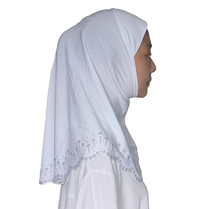 Girls Hijab with Rhinestones – Sparkly Non-Slip Amira Scarf for Kids, for Daily Prayer, School, Ramadan & Eid (Ages 4-12) - color: White-wavy Edge