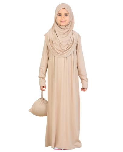 Prien Kids Muslim Prayer Dress With Hijab & Pouch, Soft Viscose Abaya For Girls, Islamic Clothes, Robe For Eid, Ramadan - color: Deep Mink