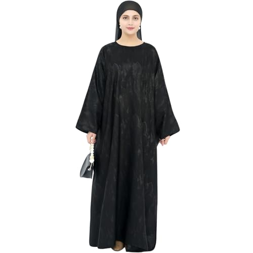 khalat Abaya Muslim Dress Women Satin Jacquard Prayer Dress Batwing Long Sleeve Islamic Dubai Robe with Chiffon Hijab - color: Black