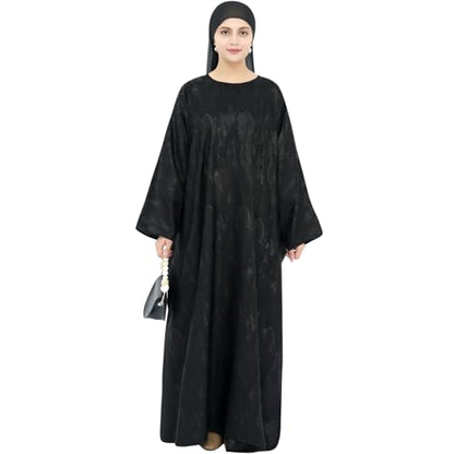 khalat Abaya Muslim Dress Women Satin Jacquard Prayer Dress Batwing Long Sleeve Islamic Dubai Robe with Chiffon Hijab - color: Black
