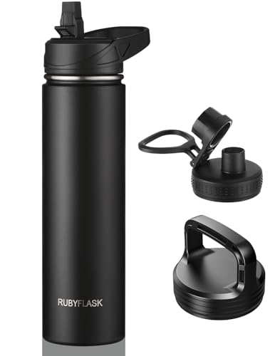 RUBYFLASK 24 oz Insulated Stainless Steel Water Bottle with Straw | 3 Lids, Wide Mouth, Metal Vacuum Leakproof Water Jug Flask and Handle, Large Thermal Cup, Black - color: Black, size: 24 Ounces