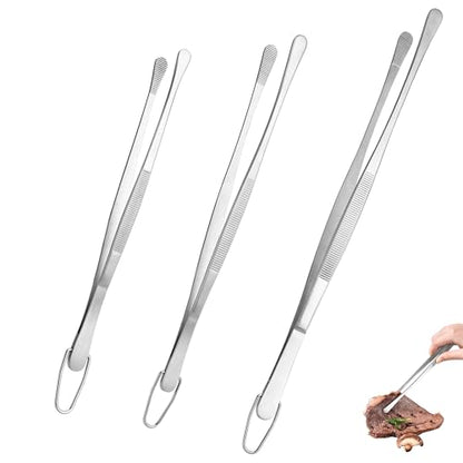 U-Taste 8"+10"+12" Kitchen Cooking Tweezer: 18/8 Stainless Steel Food-Grade Metal Food Tong, Flexible Pinching, Seamless-Welding and Sturdy for Serving Grilling Frying, Plating, Feeding (Round Tip) - size: 8in+10in+12in (round tip)