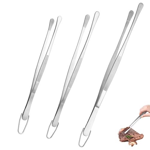 U-Taste Kitchen Cooking Tweezers, 18/8 Stainless Steel, 8+10+12in/Round Tip | Food-Grade Metal Food Tongs Set, Seamless-Welding, Long Professional Chef Tweezer for Plating Serving Grilling Frying Feeding - size: 8in+10in+12in (round tip)