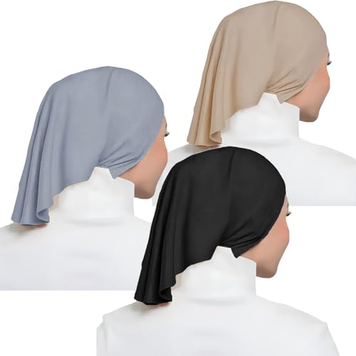 3Pcs Underscarf Hijab Cap Undercap Hijab Tube under Hijab Cap Under Cap for Women Hijab Underscarf Cap Dreadlocks Tube, Black + Gray + Beige