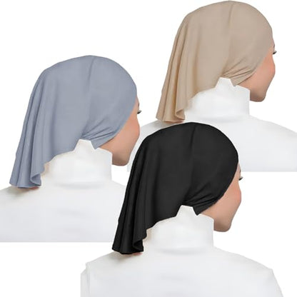 3Pcs Underscarf Hijab Cap Undercap Hijab Tube under Hijab Cap Under Cap for Women Hijab Underscarf Cap Dreadlocks Tube, Black + Gray + Beige