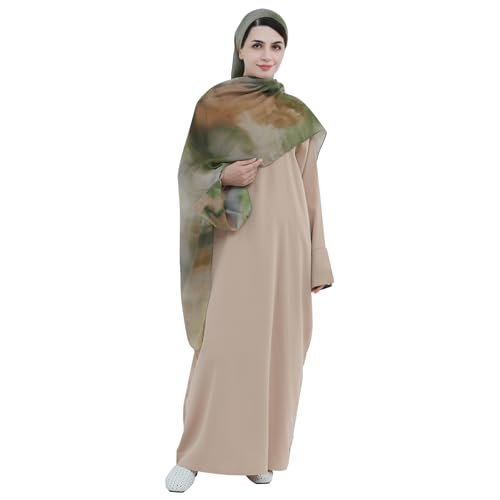 Printing Long Sleeve Abaya with Zipper for Women Dubai and Turkey Robe Spring and Summer Loose and Causual Dress - color: Khaki+hijab, size: Medium