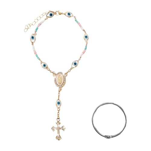 Evil Eye Rearview Mirror Auto Rosary Beads, Cross Hanging Ornaments, Car Rear View Mirror Charm, Car Medal and Cross Hanging Accessories for Mirrors Interior Decorations - size: 7.91 x 1.98 inch (1 PCS)