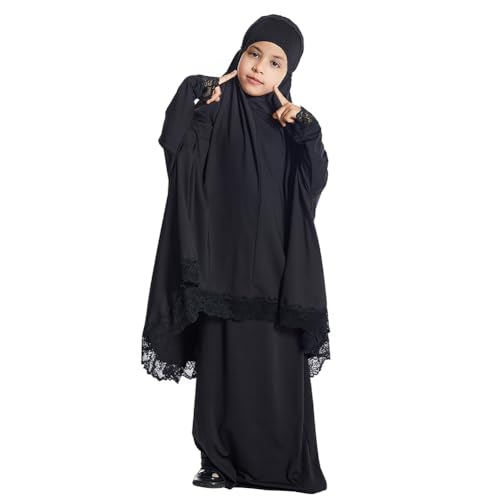IBTOM CASTLE Little Girls Muslim Prayer Dress Abaya Long Sleeve Full Cover Lace Hijab Kaftan Dubai Islamic Modest Eid Jilbab - color: Black, size: 7-8 Years