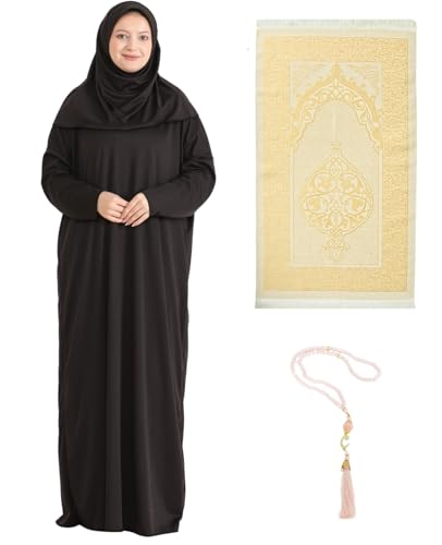 Prien Women Prayer Dress With Hijab Rug Tasbih Muslim Set Islamic Clothes Abaya Jilbab Dubai Kaftan For Eid Ramadan - color: Brown