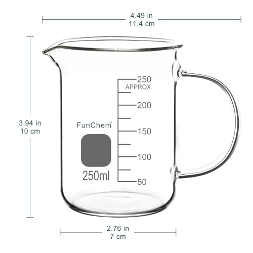 FunChem Glass Beaker with Handle, 250 ml Borosilicate Glass Clear Graduated Low Form Griffin Beaker with Pouring Spout - size: 250 ml