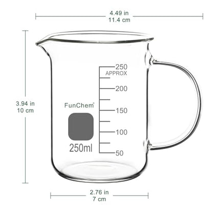 FunChem Glass Beaker with Handle, 250 ml Borosilicate Glass Clear Graduated Low Form Griffin Beaker with Pouring Spout - size: 250 ml
