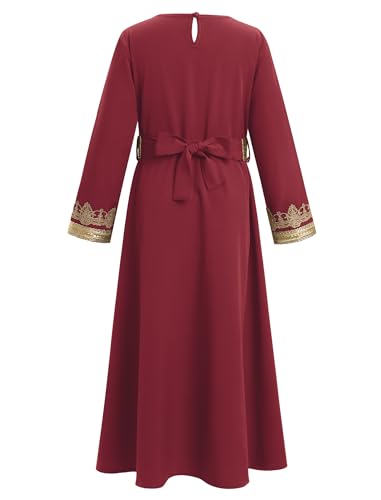 IWEMEK Abaya for Girls Muslim Prayer Dress Kids Islamic Dubai Eid Ramadan Clothes Wedding Saudi Arabic Kaftan Dress with Belt - color: Burgundy, size: 3-4T