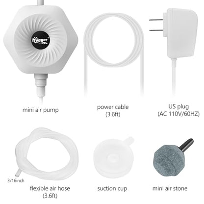 hygger Ultra Silent 1.5W Fish Bowl Aqaurium Mini Air Pump with Accessories, Oxygen Aerator Kit for Fish Tank 0.5-15 Gallon, Comes with 3/16 Inch Air Tubing, Air Stone, AC 110V/60HZ