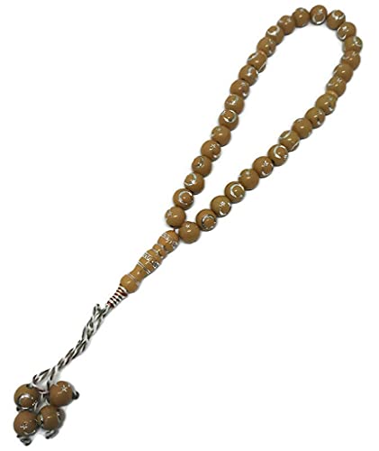 Muslim Bead Tasbih 33 Rosary AMN-277 Islam Prayer dhikr Misbaha with Moon Star Engraved on Islamic Religion Eid Ramadan Gift (Light Brown) - color: Light Brown