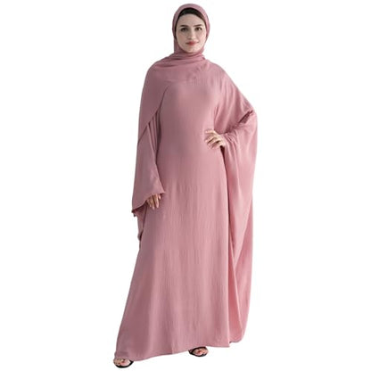 Muslim Abaya Dress Women Middle East Arabian Prayer Robe Batwing Maxi Kaftan Abaya Dress with Hijab - color: Pink