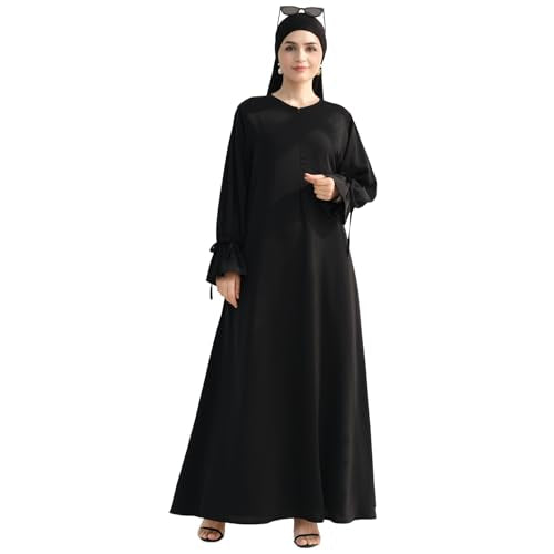 Tie Cuffs Dress Solid Color Abaya for Women Front Zipper Robe with Pocket Daily Islamic Prayer Clothes - color: Black, size: Medium