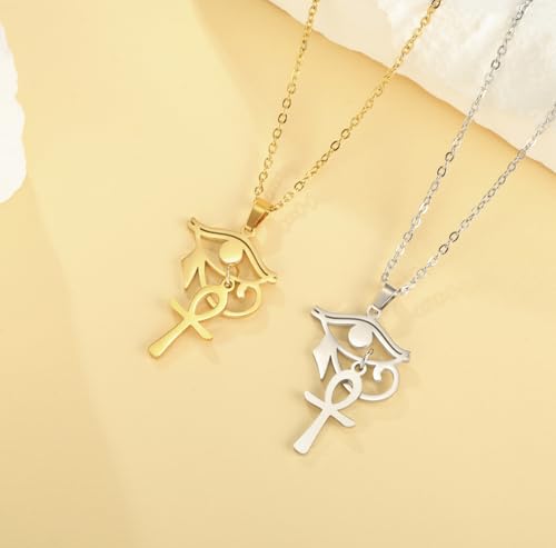 Ankh Cross Y Necklace Key of Life Eye of Horus Pendant Cartouche Long Chain Protection African Coptic Amulet Ancient Egyptian Religious Jewelry Gift for Women Men - color: Ankh Cross Eye of Horus gold 2