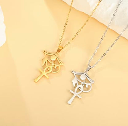 Ankh Cross Y Necklace Key of Life Eye of Horus Pendant Cartouche Long Chain Protection African Coptic Amulet Ancient Egyptian Religious Jewelry Gift for Women Men - color: Ankh Cross Eye of Horus gold 2