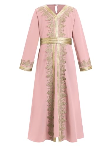 IWEMEK Abaya for Girls Muslim Prayer Dress Kids Islamic Dubai Eid Ramadan Clothes Wedding Saudi Arabic Kaftan Dress with Belt - color: Pink+gold, size: 9-10 Years