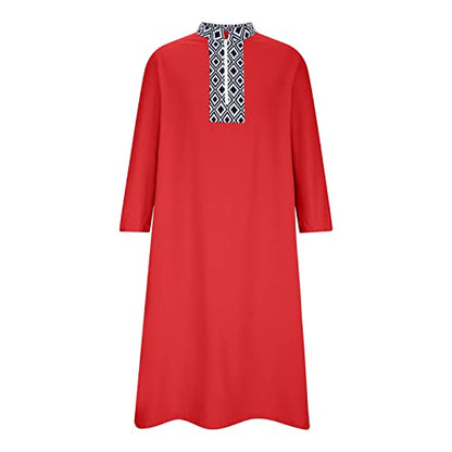 Ctreela Mens Zip V Neck Kaftan Thobe Button Down Casual Henley Shirts Long Sleeve Robe Ramadan Muslim Gown Thawb Shirts - color: Red, size: Large