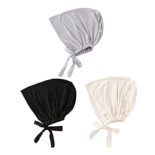 PURFUN 3 Pcs Muslim Inner Hijab Caps Women Solid Color Under Hijab Caps Stretchy Breathable Full Cover Undercap Tube Bonnet - color: Black+beige+grey