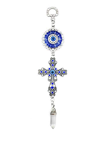 LUCKBOOSTIUM Blue Crystal Inlayed Cross & Blue Mandala Evil Eye Amulet w/Hanging Healing Stone - Nature, Energy, Rebirth, Growth Charms - Car & Home Charm Ornament (2"x8", Clear Quratz) - color: Clear Quratz