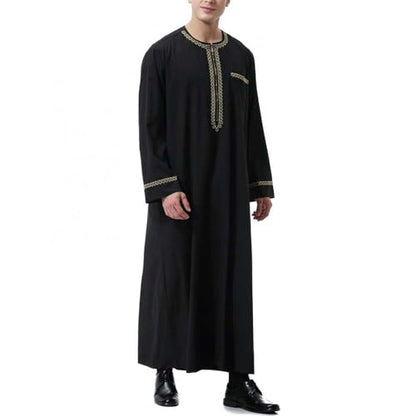 Muslim Robe for Men Arab Long Sleeve Kaftan Islamic Arabic Abaya Thobe Ramadan Middle East Islamic Cloth Shirt Gown - color: Black, size: Large