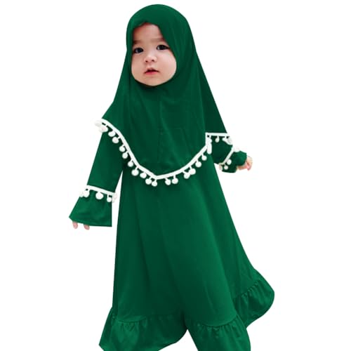 ODASDO Newborn Infant Baby Girls Prayer Dress Muslim Clothes for Toddler Kids Long Sleeve Abaya with Hijab Two Piece Set - color: Dark Green, size: 2-3T
