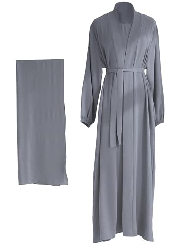 Women's Muslim Dress Two Pieces Set Islamic Prayer Abaya Modest Solid Color Muslim Outfits - color: Gray Abaya and Gray Hijab, size: Small