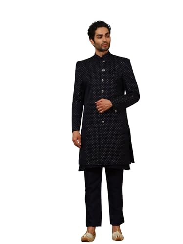 Pro-Ethic Style Developer Cotton Indo-Western Set with Embroidered Long Jacket for Men (C-129) - color: Navy Blue, size: Medium