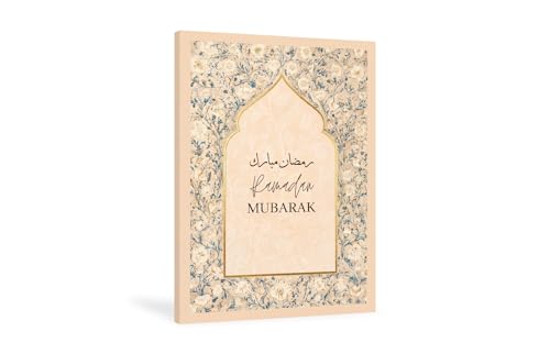 Ramadan Mubarak Canvas Wall Art, Elegant Arabic Calligraphy Islamic Home Decoration, Mihrab Arch Floral Design in Beige Gold, Muslim Home Prayer Room Eid Gift (Beige - Canvas, 16L x 12W) - color: Beige - Canvas, size: 16"L x 12"W