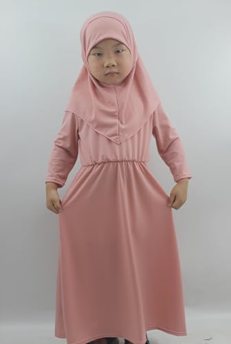 Girls Kids 2 Pcs Muslim Abaya Prayer Dress with Hijab Islamic Headscarf for Girl Robe Ramadan Eid Clothes - color: Dark Pink, size: Height 110CM-120CM