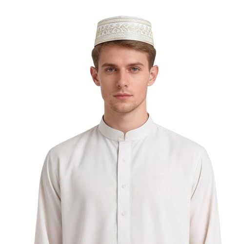 haozaikeji 4pcs Men's Muslim Prayer Kufi Hat Embroidered Islamic Prayer Cap Arabian Omani Turkish Praying Caps Eid Topi Hat - color: Gold+white+grey+brown