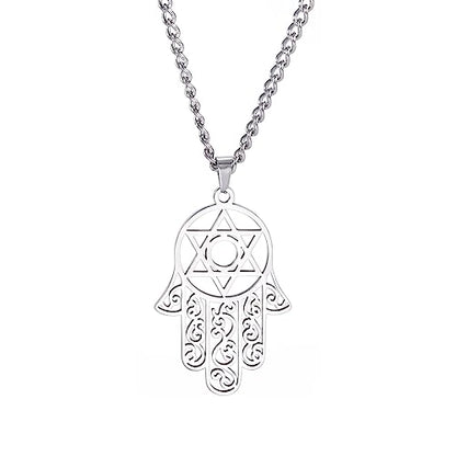 Hamsa Hand of Fatima Hexagram Necklace Star of David Evil Eye Pendant Jewish Female Protection Amulet Symbol Jewelry Women Men - color: silver
