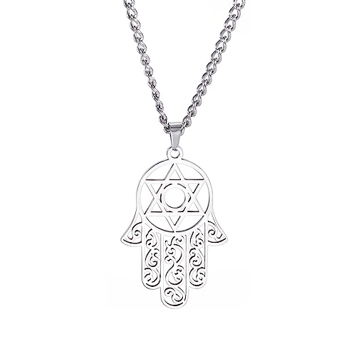 Hamsa Hand of Fatima Hexagram Necklace Star of David Evil Eye Pendant Jewish Female Protection Amulet Symbol Jewelry Women Men - color: silver