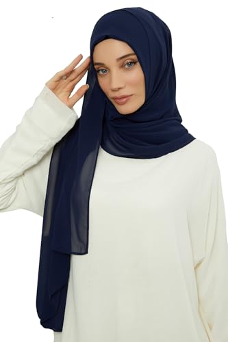 Aisha's Design Instant Chiffon Shawl for Women Modesty Turban Hijab Head Wrap Ready to Wear Women Headscarf - color: Navy Blue