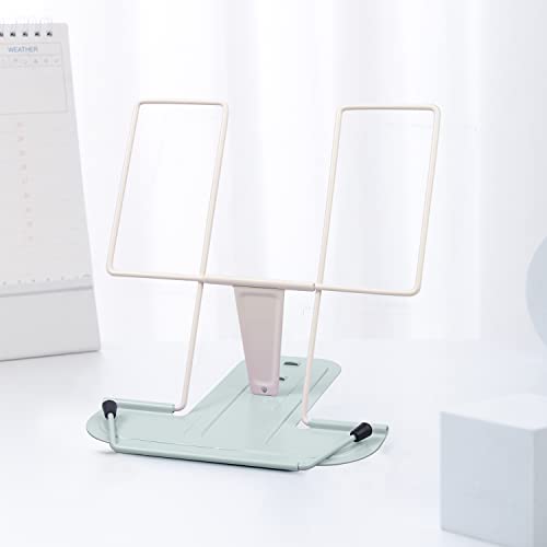 MSDADA Metal Book Stand for Desk, Adjustable Reading Rest Book Holder, Portable Cookbook Documents Holder, Sturdy Typing Stand for Recipes Textbooks Tablet Music Books(Milky White+Macaron Green) - color: Milky White+macaron Green
