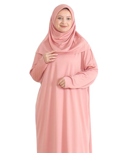 Women Prayer Clothes with Hijab Muslim Outfits Long Robe Abaya Turkish Islamic Dresses Dubai Kaftan with Rosary - color: Rose