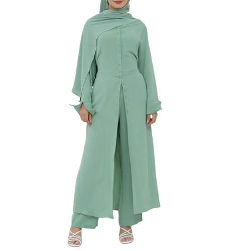 Women's Muslim 2 Pieces Sets Long Sleeve Button Down Shirt and Pants Eid Ramadan Abaya Casual Dress Dubai Outfits - color: Green, size: X-Large-XX-Large