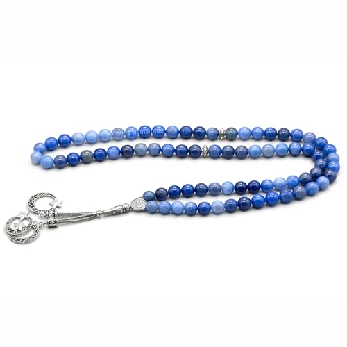 Amazing Gemstone Blue Aventurine Tasbeeh with Moon and Star Charm - Certified Crystal Muslim Prayer Beads Natural Gemstone Tasbih Gift for Ramadan Dhikr and Daily Namaz (S) - color: Blue Aventurine