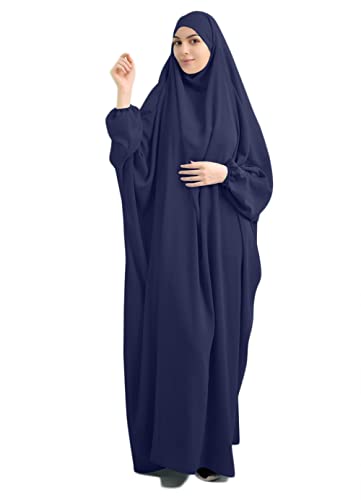 Qianliniuinc Women Muslim Full Cover Long Dress - Loose Hooded Dress Abaya Prayer Robe Islamic Clothes One-Size - color: Navy Blue