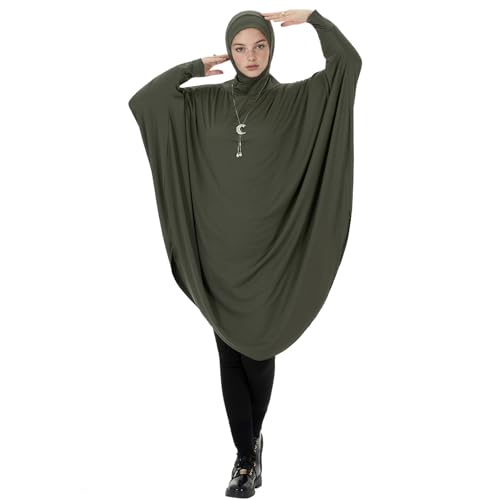 Muslim Abaya Dress for Women Highly Stretchy Batwing Hooded Prayer Hijab - color: Army Green, size: Medium