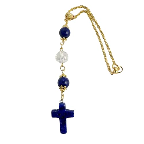 Car Rosary for Rearview Mirror, Blue Lapis Lazuli Cross Car Charm Hanging Ornament, Handmade Natural Stone Car Mirror Hanger, Boho Interior Decor Accessories (Blue) - color: Blue